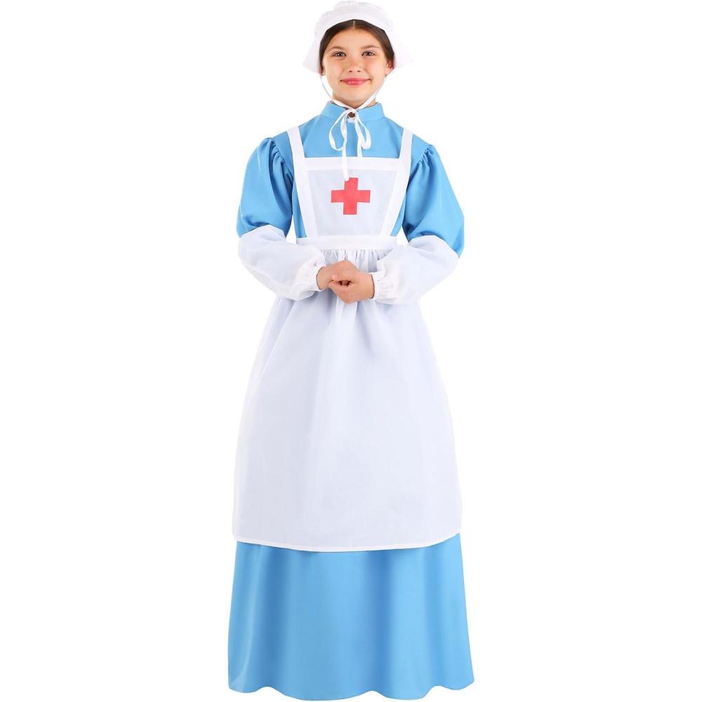 imageGirls Clara Barton Nurse Costume  FullLength Blue Dress White Apron And Bonnet With Red Cross Symbol