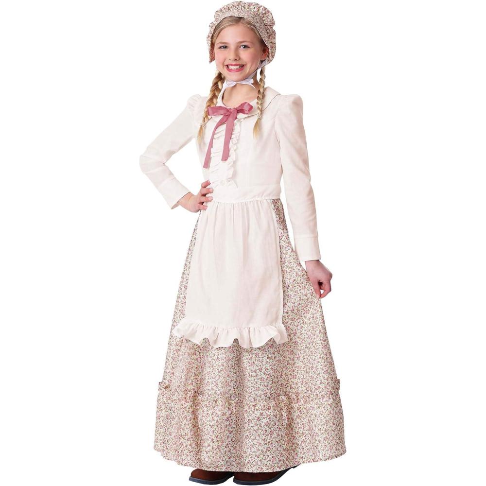 imageGirls Prairie Pioneer Halloween Costume Dress  Kids Prairie Dress with Apron ampamp Bonnet  Outfit for Themed EventsBundle W Wicker Basket Handbag