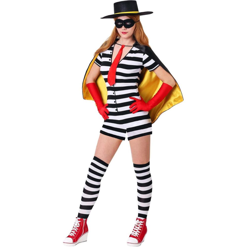 imageWomens Burglar Costume Set  Striped Romper ampamp Socks Eye Mask Gloves Cape ampamp Top Hat  Bank Robber Outfit