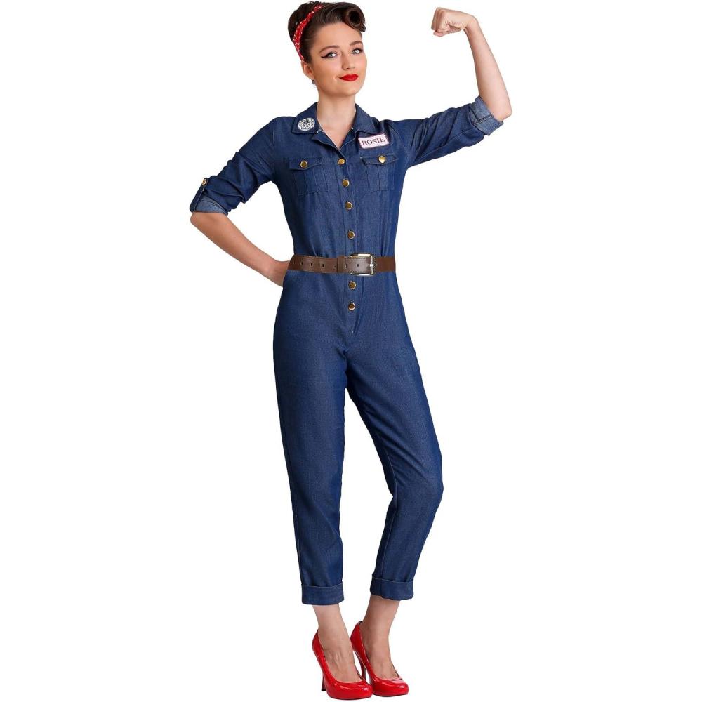 imageWorld War II Icon Costume for Women  Rosie The Riveter  Denim Coveralls Mechanic Jumpsuit for Halloween