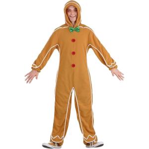 Adult Gingerbread Man Costume | Cozy Hooded Christmas Jumpsuit | Festive Holiday Parties(Brown)