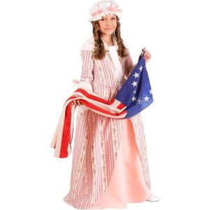 Child Betsy Ross Halloween Costume for Girls, Victorian Dress With Bonnet, Scarf, & Flag | Revolutionary War Outfit