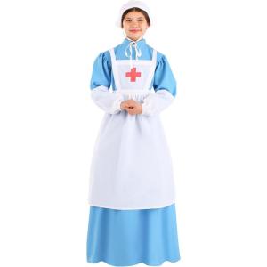Girls Clara Barton Nurse Costume | Full-Length Blue Dress, White Apron And Bonnet With Red Cross Symbol