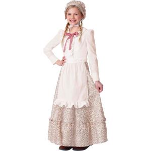 Girls Prairie Pioneer Halloween Costume Dress | Kids Prairie Dress with Apron, & Bonnet | Outfit for Themed Events(Bundle W/ Wicker Basket Handbag)