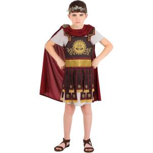 Roman Warrior Costume for Kids, Boy’s Gold Adorned Brown Tunic with Red Cape and Leaf Circlet