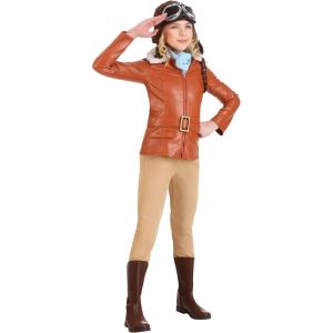 Youth Deluxe Amelia Earhart Costume | Girls Earhart Historical Pilot Iconic Outfit w/Jacket, Pants, Hat, Goggles, Scarf