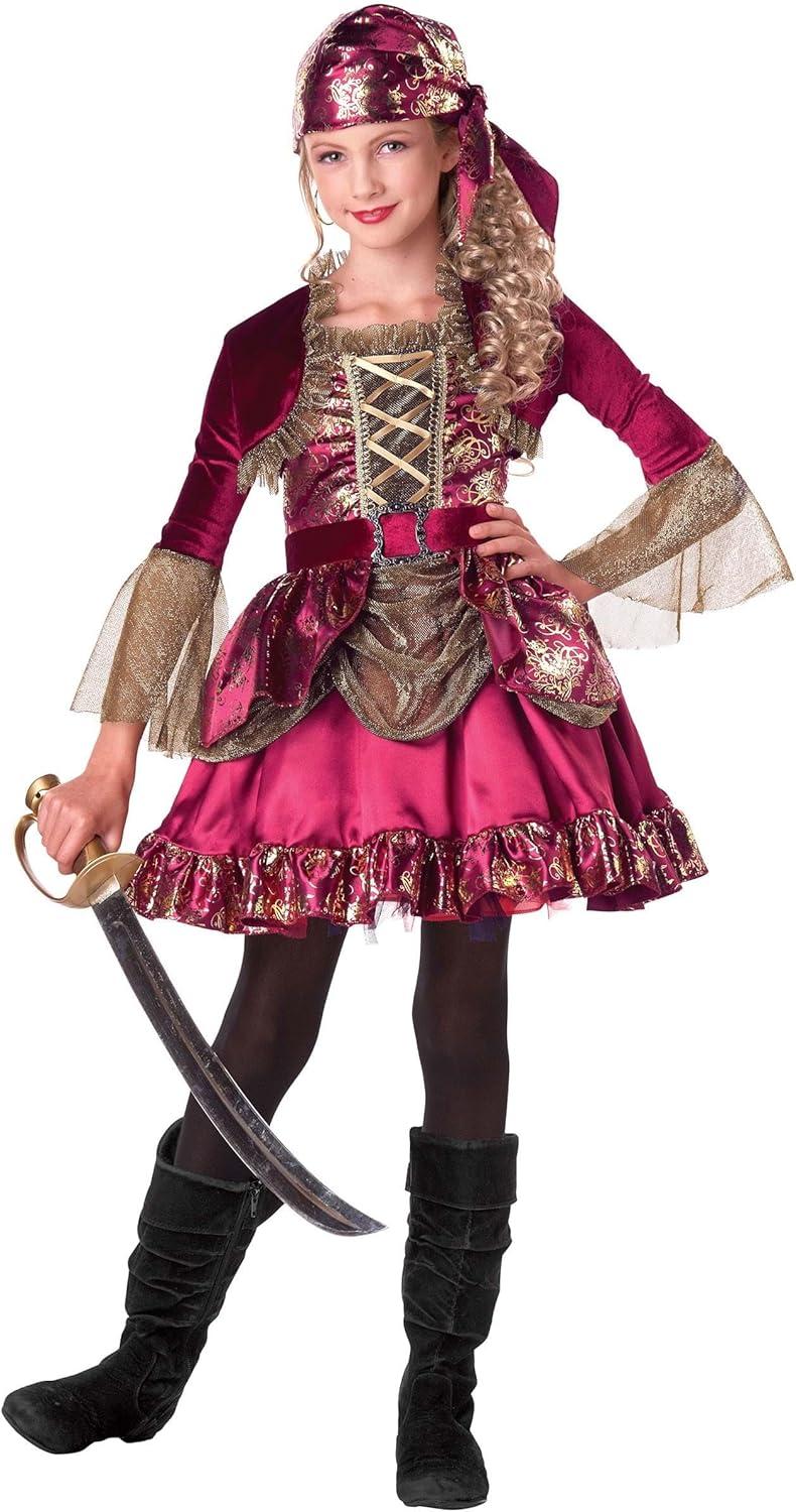imageGirls First Mate Pirate Costume Dress Satin Dress with Metallic Floral Print Velour Belt Shrug ampamp Scarf