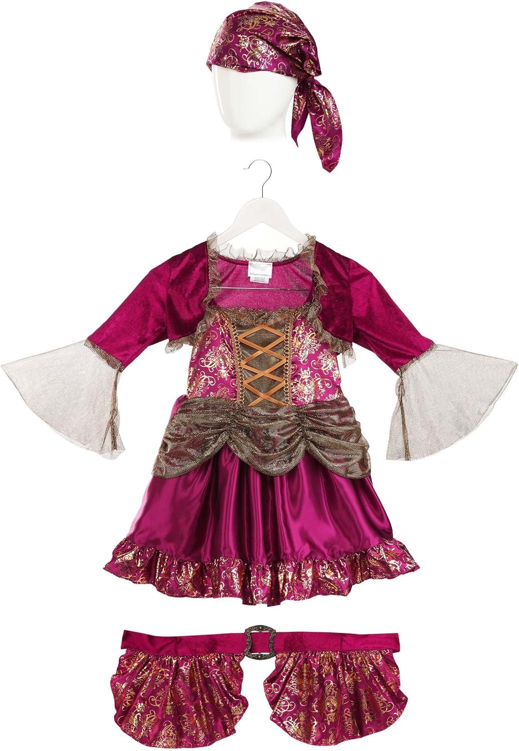 imageGirls First Mate Pirate Costume Dress Satin Dress with Metallic Floral Print Velour Belt Shrug ampamp Scarf