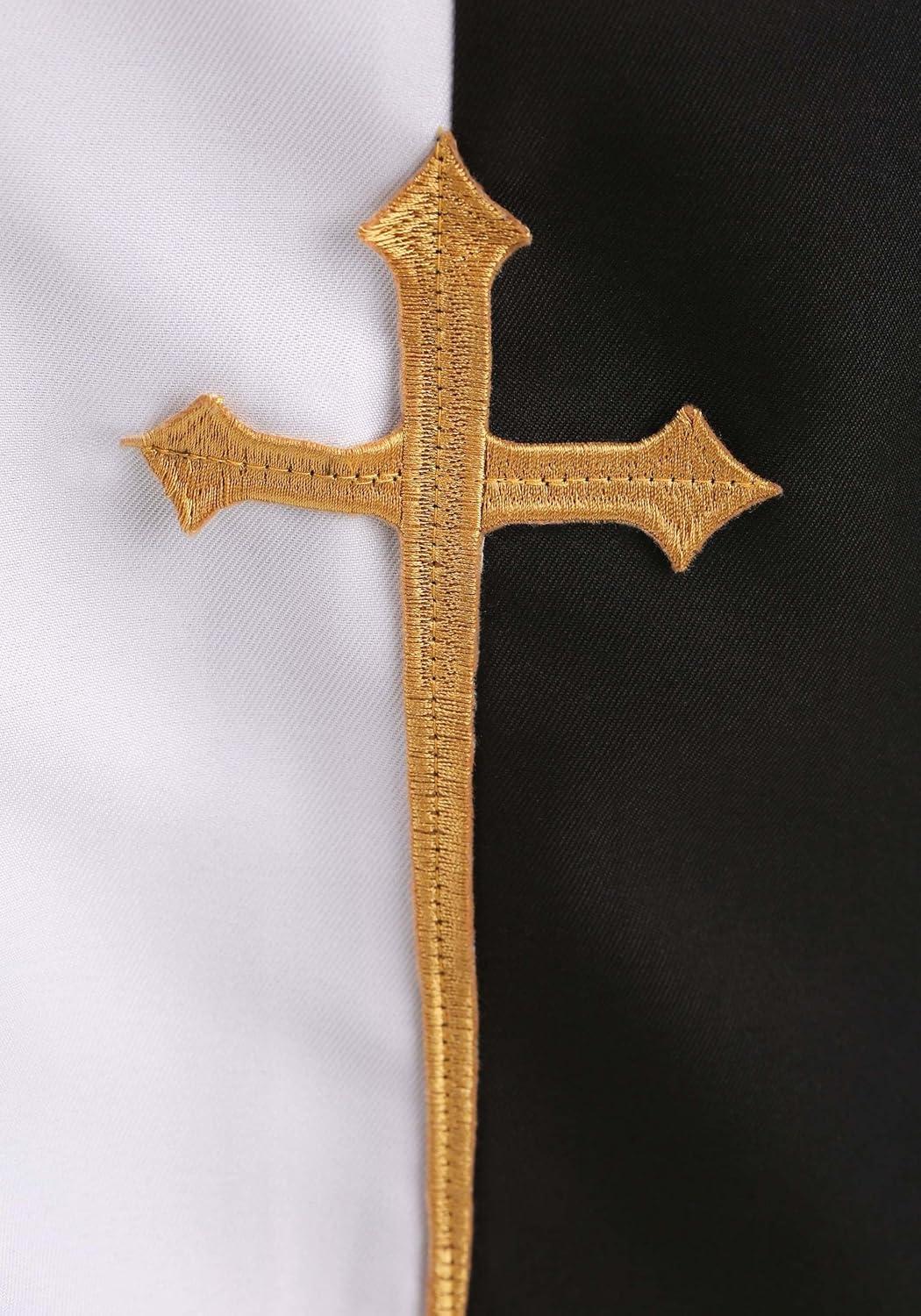 imageMens Priest Costume Outfit Adult Pastor Halloween Costumes Black White and Gold Robe and Cape