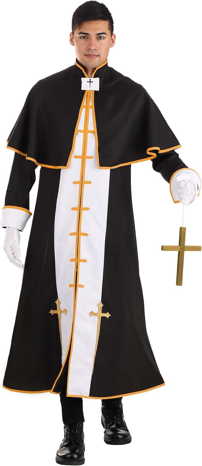 imageMens Priest Costume Outfit Adult Pastor Halloween Costumes Black White and Gold Robe and Cape