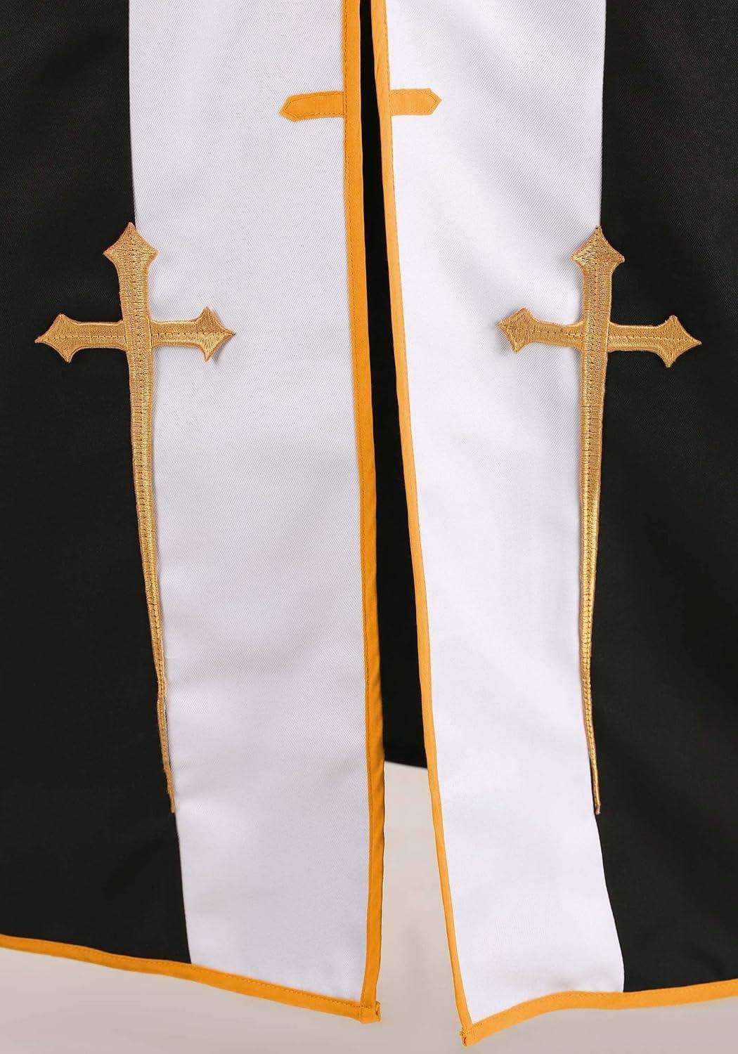 imageMens Priest Costume Outfit Adult Pastor Halloween Costumes Black White and Gold Robe and Cape