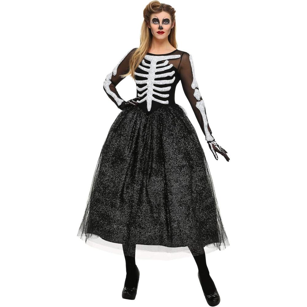 imageAdult Skeleton Beauty Costume  Womens Ravishing Dress With Mesh Sleeves Glittery Bone details Gloves And Skirt