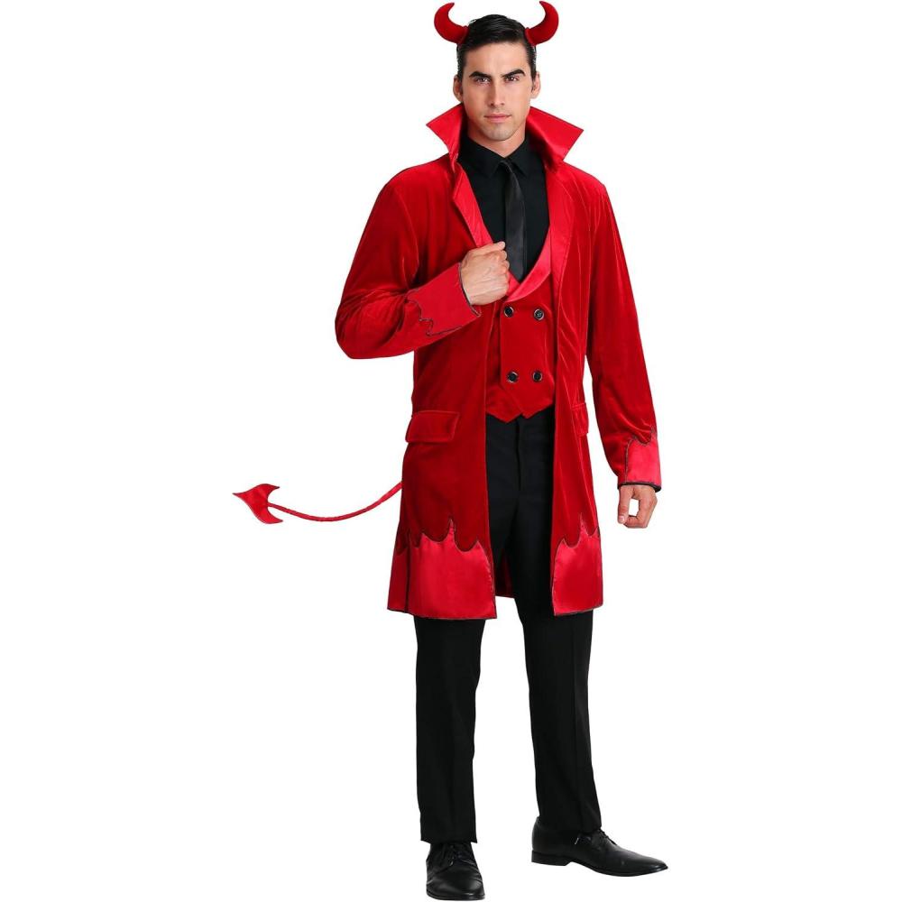 imageDebonair Devil Costume For Men Suave Red Devil Outfit for Adults With Horns And Jacket With Attached Vest and Tail