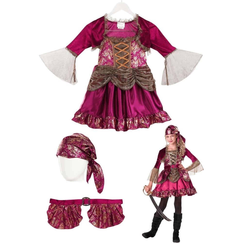 imageGirls First Mate Pirate Costume Dress  Satin Dress with Metallic Floral Print Velour Belt Shrug ampamp Scarf