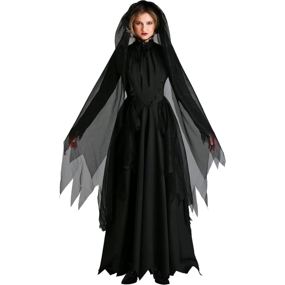 imageLady in Black Ghost Costume for Women  Dress with Bonnet and Veil