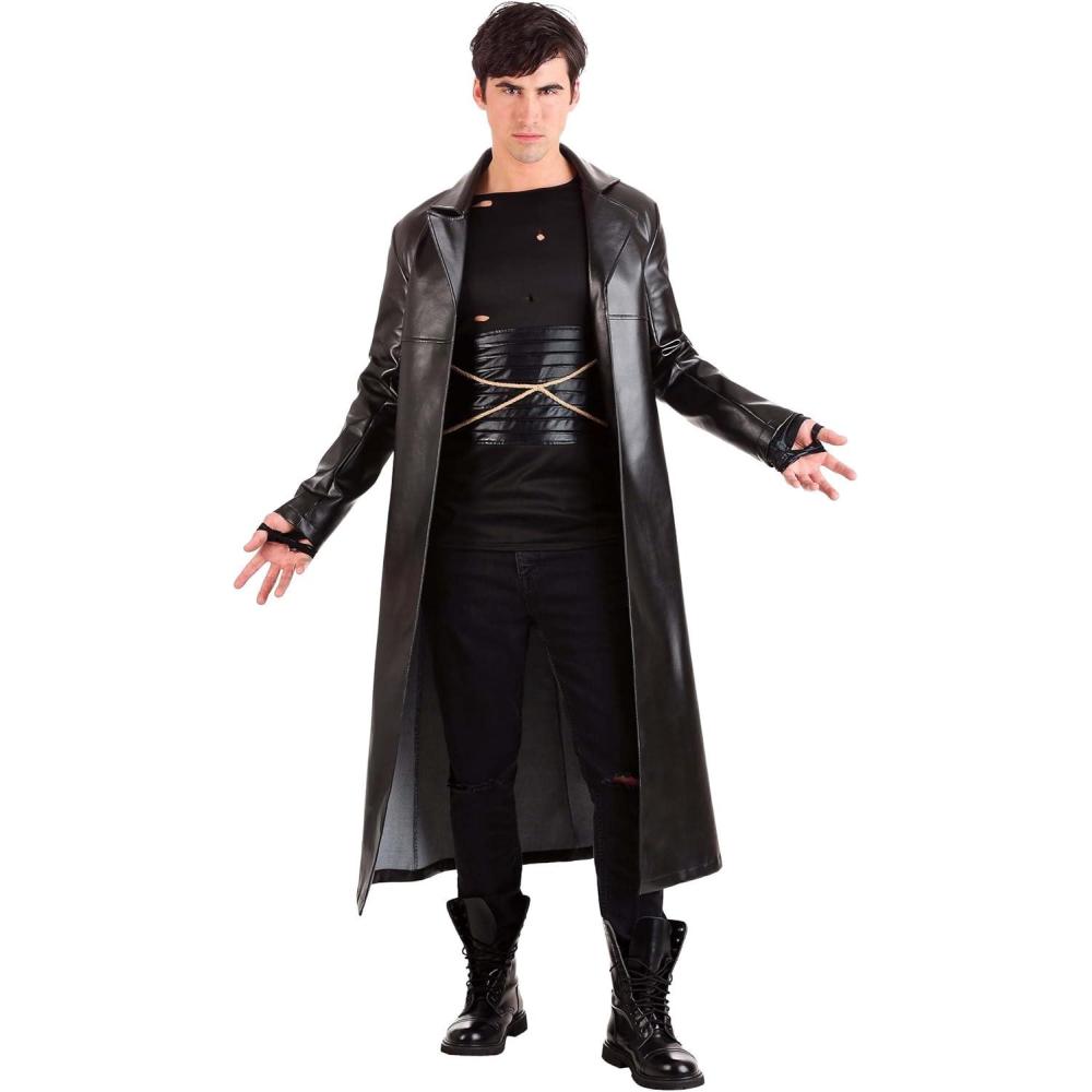 imageMens The Crow Costume  Halloween Devils Knight Outfit With Faux Leather Jacket Distressed Shirt Gauntlets