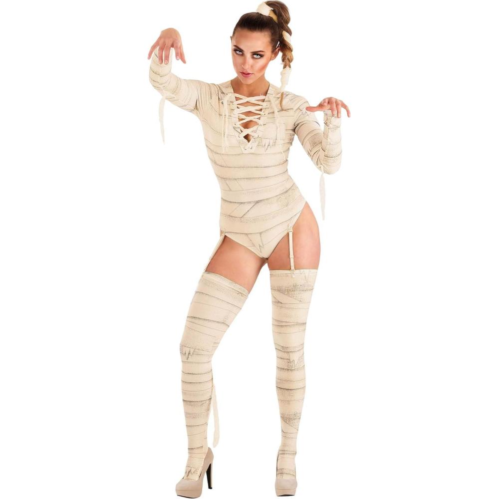 imageSexy Mummy Womens Costume Bodysuit Garter Straps Stockings Hair Tie  Printed Spandex with Gauze