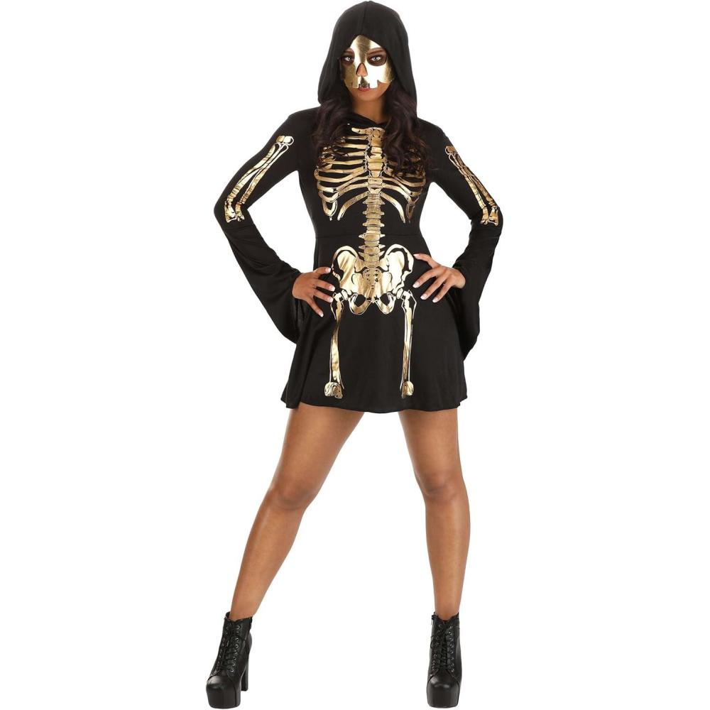 imageWomens Gilded Golden Skeleton Costume Dress with Hooded Design ampamp Mask  Halloween Skeleton Outfit for Women