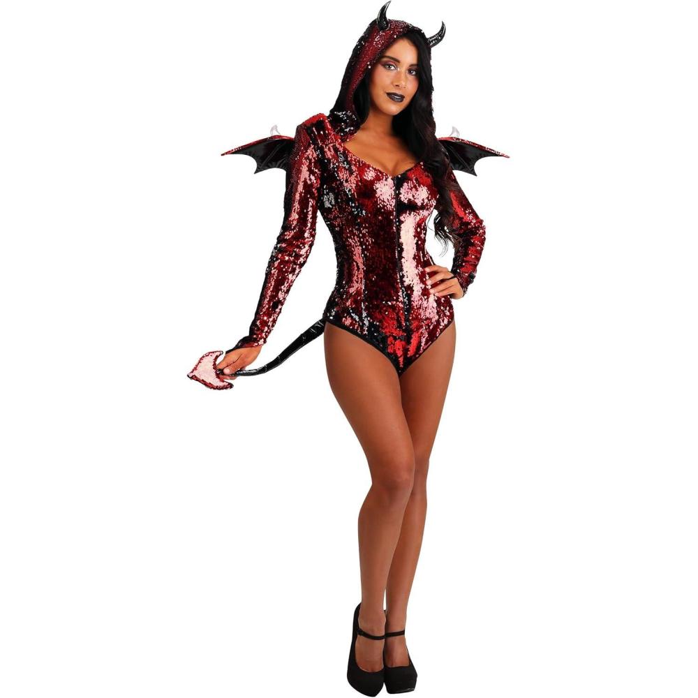 imageWomens Sequined Devil Costume  Hooded Leotard with Attached Wings Tail and Horns
