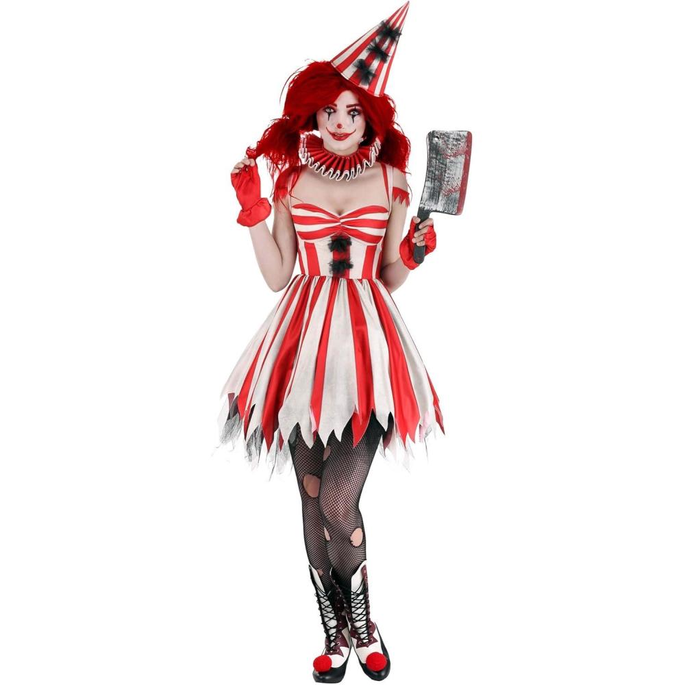 imageWomens Sinister Clown Halloween Costume  Adult Scary Circus Outfit With Dress Collar Hat and Fingerless Gloves