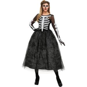 Adult Skeleton Beauty Costume | Womens Ravishing Dress With Mesh Sleeves, Glittery Bone details, Gloves, And Skirt