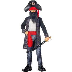 Blackbeard Pirate Costume for Boys | Kid’s Halloween Buccaneer Suit, Jacket, Hat And Scarf, Mustache And Beard