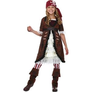 Girl’s Brown Coat Pirate Costume – Dress, Belt, Leggings, Headscarf, Boot Tops