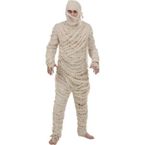 Men’s Mummy Halloween Costume | Adult Classic Horror Theme with Bodysuit with Attached Head Wrap and Bandage Strip(Mummy Halloween Costume)
