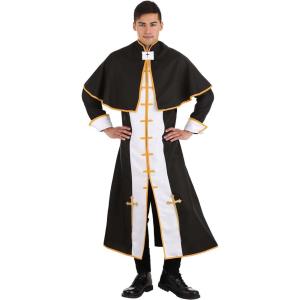 Men’s Priest Costume Outfit, Adult Pastor Halloween Costumes | Black, White, and Gold Robe and Cape