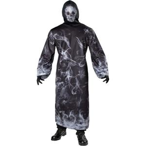 Misty Spirit Adult Hooded Robe Costume – Skull Mesh Face Cover, Wide Sleeves, Printed Swirling Mist Design