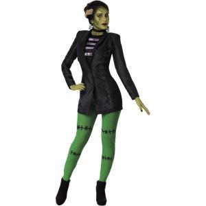 Womens Frankenstein Costume, Monster Outfit For Adults With Blazer Dress, Striped Tank Top, Choker And Green Footless Tights