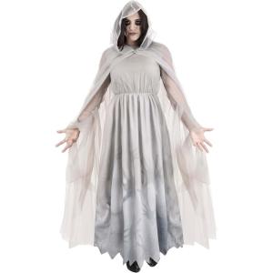 “Women’s Lady in White Ghost Halloween Costume – Polyester Dress, Chiffon Overlay, Hooded Cape”