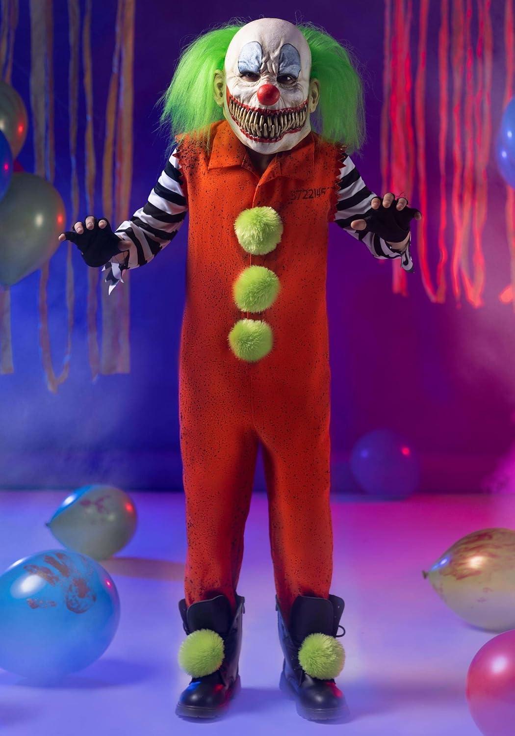 imageVissago Scary Clown Costume For Kids Horror Outfit With Jumpsuit Latex Mask Gloves And Pom Pom Shoe Clips