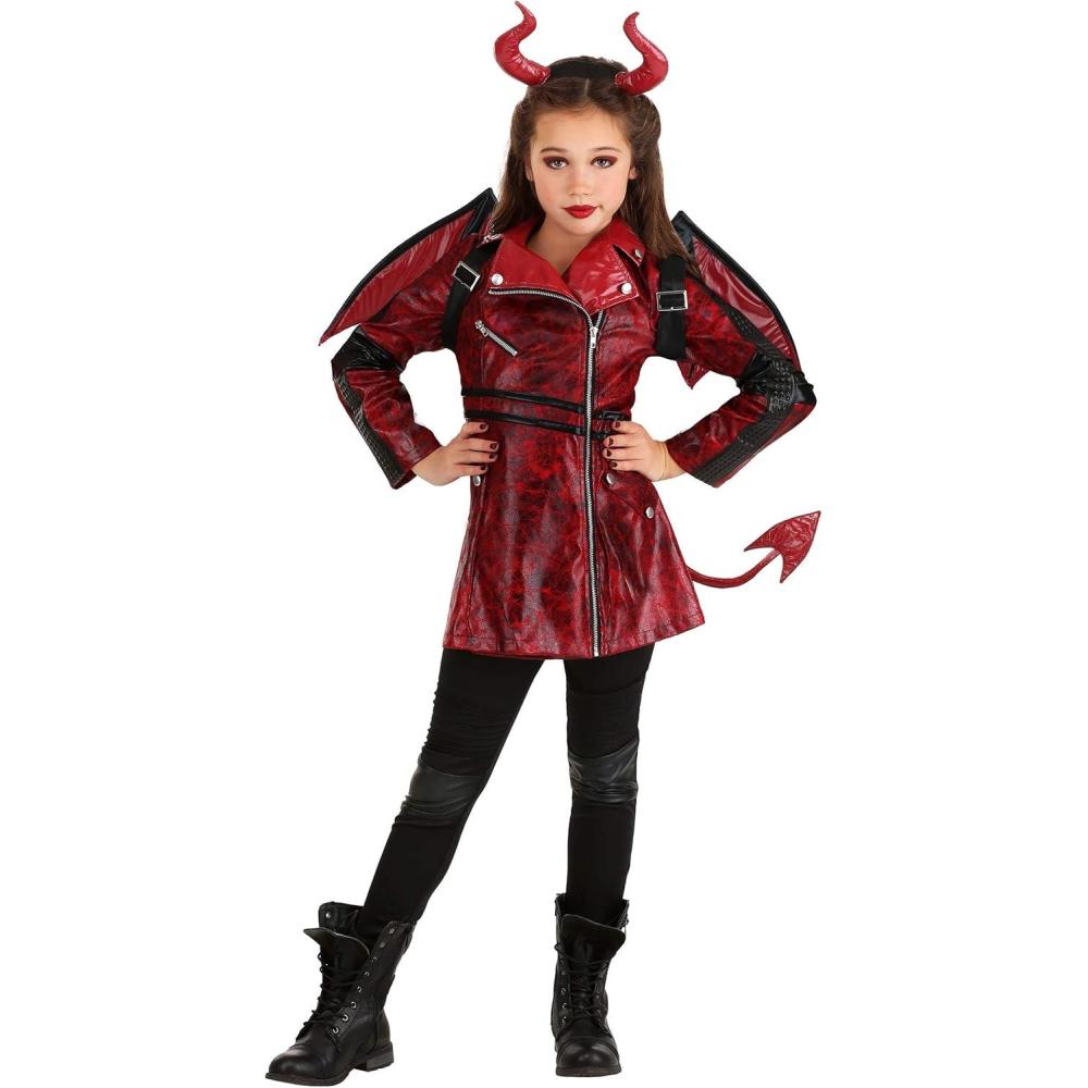 imageFun Costumes Leather Devil Costume for Girls Kids Devil Jacket Outfit with Leggings Devil Wings and Soft Sculpted Devil Horns