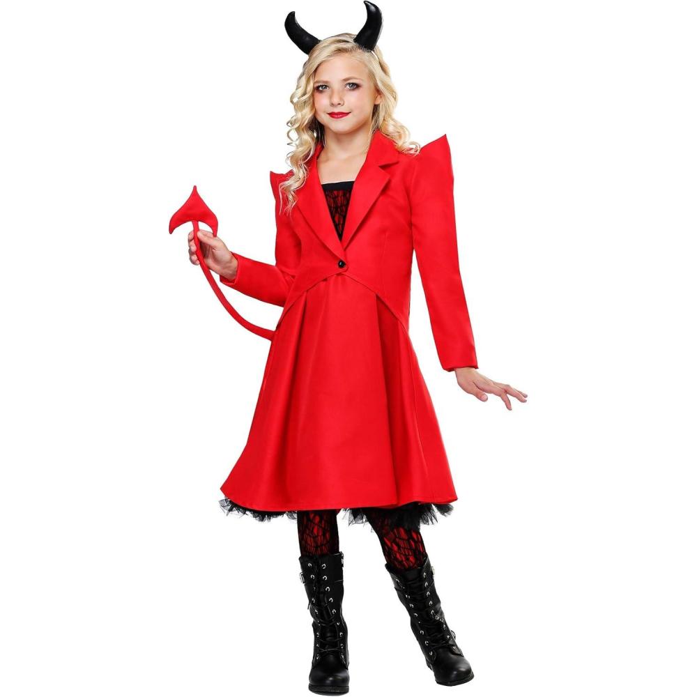 imageGirls Devilish Diva Costume  Dress with Mesh Overlay Jacket with Tail and Horns Headband