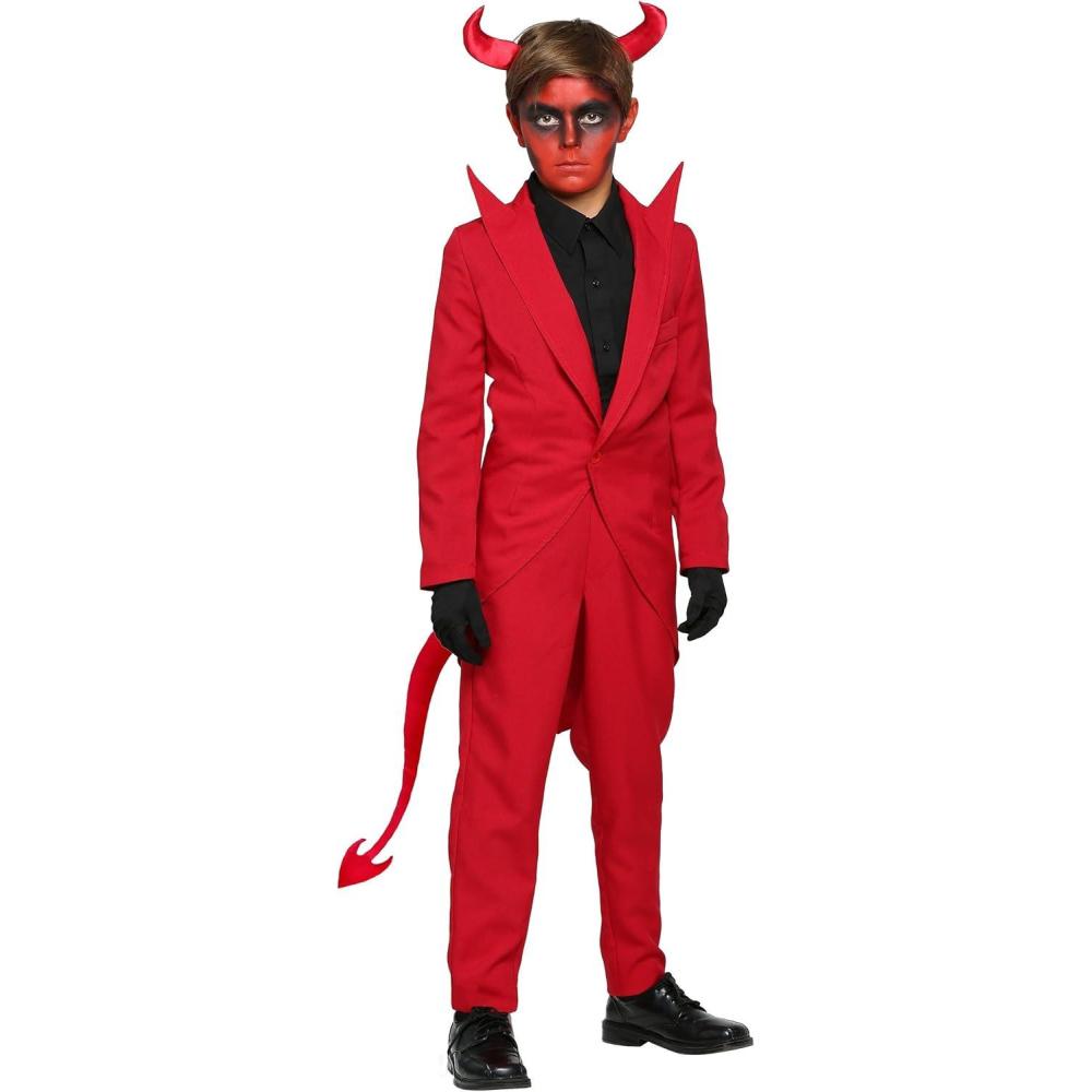 imageRed Devil Suit Costume for Kids  Tailcoat Jacket with Attached Tail Elastic Waist Pants Soft Horn Headpiece