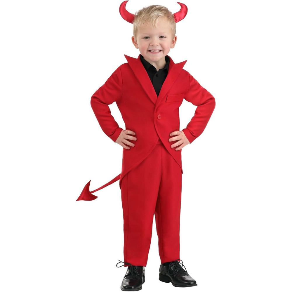 imageToddler Devil Costume  Red Tailcoat Jacket With Faux Button and Satin Tail Red Pants and Soft Satin Horns