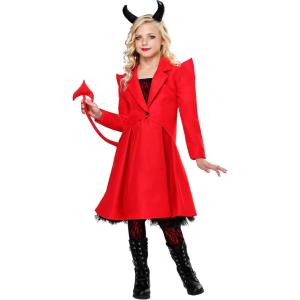 Girl’s Devilish Diva Costume – Dress with Mesh Overlay, Jacket with Tail, and Horns Headband