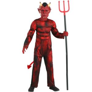 Kid’s Brawny Devil Costume, Evil Demon Jumpsuit with Padded Muscle Effect, Horned Mask and Tail