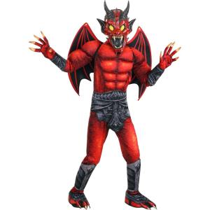 Kids Devil Halloween Costume | Red Malevolent Demon Outfit, Scary Printed Jumpsuit with Wings and Horned Mask