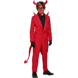 Red Devil Suit Costume for Kids – Tailcoat Jacket with Attached Tail, Elastic Waist Pants, Soft Horn Headpiece
