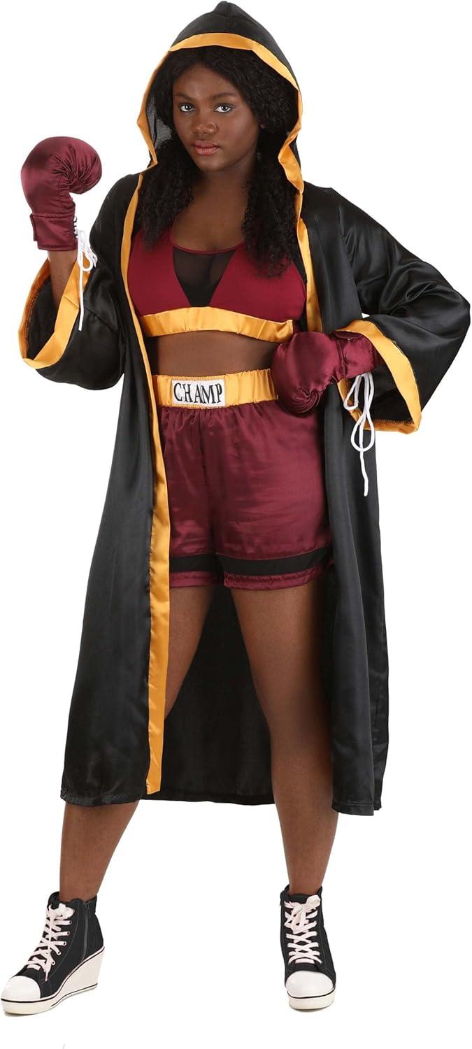 imageWomens Fighter Costume Bodysuit with Attached Hood and Gloves Red and Gold Boxer Girl Halloween Outfit