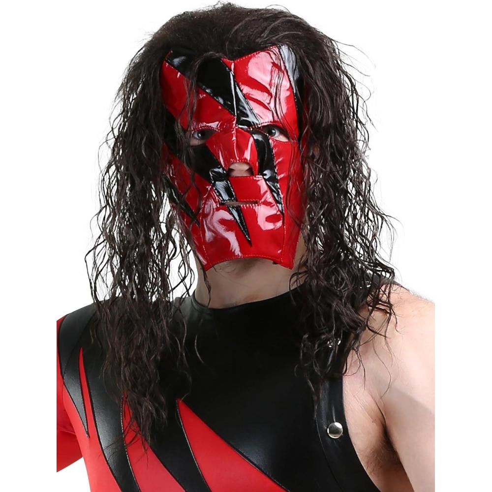 imageFun Costumes WWE Kane Costume Wig for Men  Long Curly Wavy Dark Synthetic Hair Wigs for Adults WWE Wrestler Cosplay Wigs  Black 1 Count Pack of 1