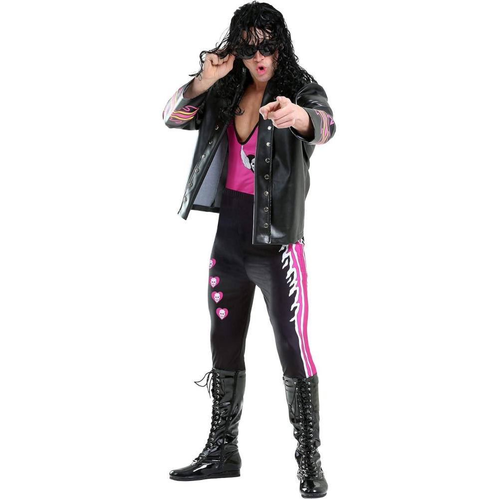 imageMens WWE Bret Hart Costume  Halloween The Hitman Black and Pink Design With Jacket Tank Top and PantsBundle W Wig