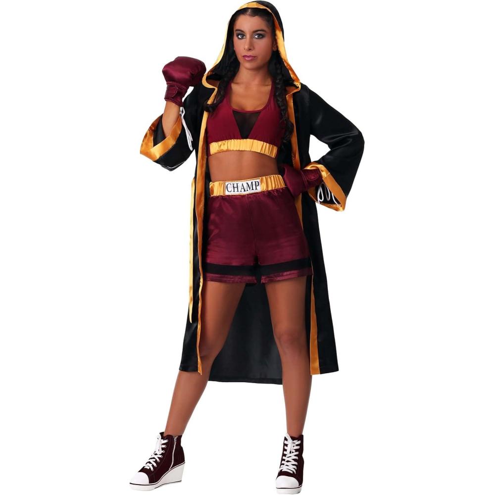 imageWomens Fighter Costume Bodysuit with Attached Hood and Gloves Red and Gold Boxer Girl Halloween Outfit