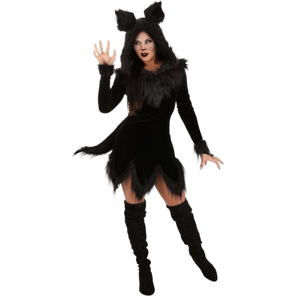 imageAdult Wolf Halloween Costume  Womens Werewolf Hooded Dress with Tail and EarsBlack