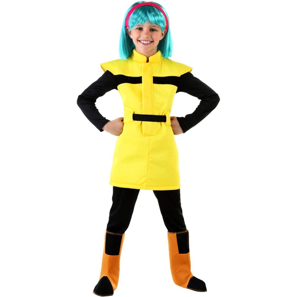 imageDragon Ball Z Child Yellow Jacket Bulma Costume for Girls Kids DBZ Costume With Turquoise Wig for Anime Cosplay