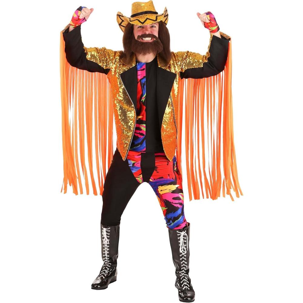 imageWWE Adult Macho Man Randy Savage Costume Mens Wrestler Halloween Costume Sequin Cowboy Hat fingerless gloves