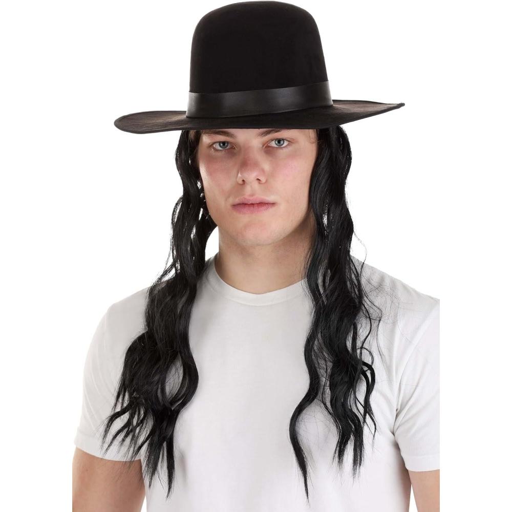 imageWWE The Undertaker Costume Hat ampamp Wig for Adults  Black Top Hat ampamp Attached Hair Accessory for Mens WWE Cosplay