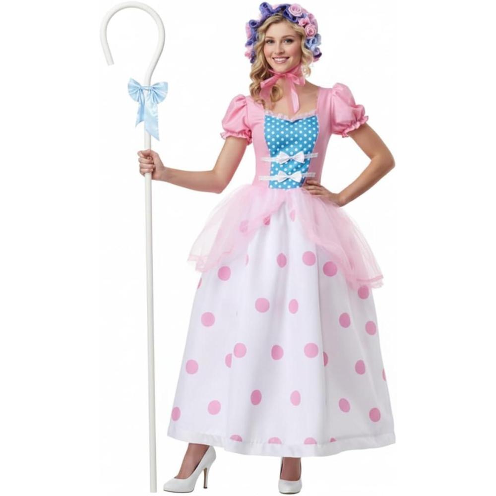 imageWomens Little Bo Peep Halloween Costume  Classic Toy Story Character Outfit with Pink and Blue Bonnet Polka Dot DressBundle W Staff